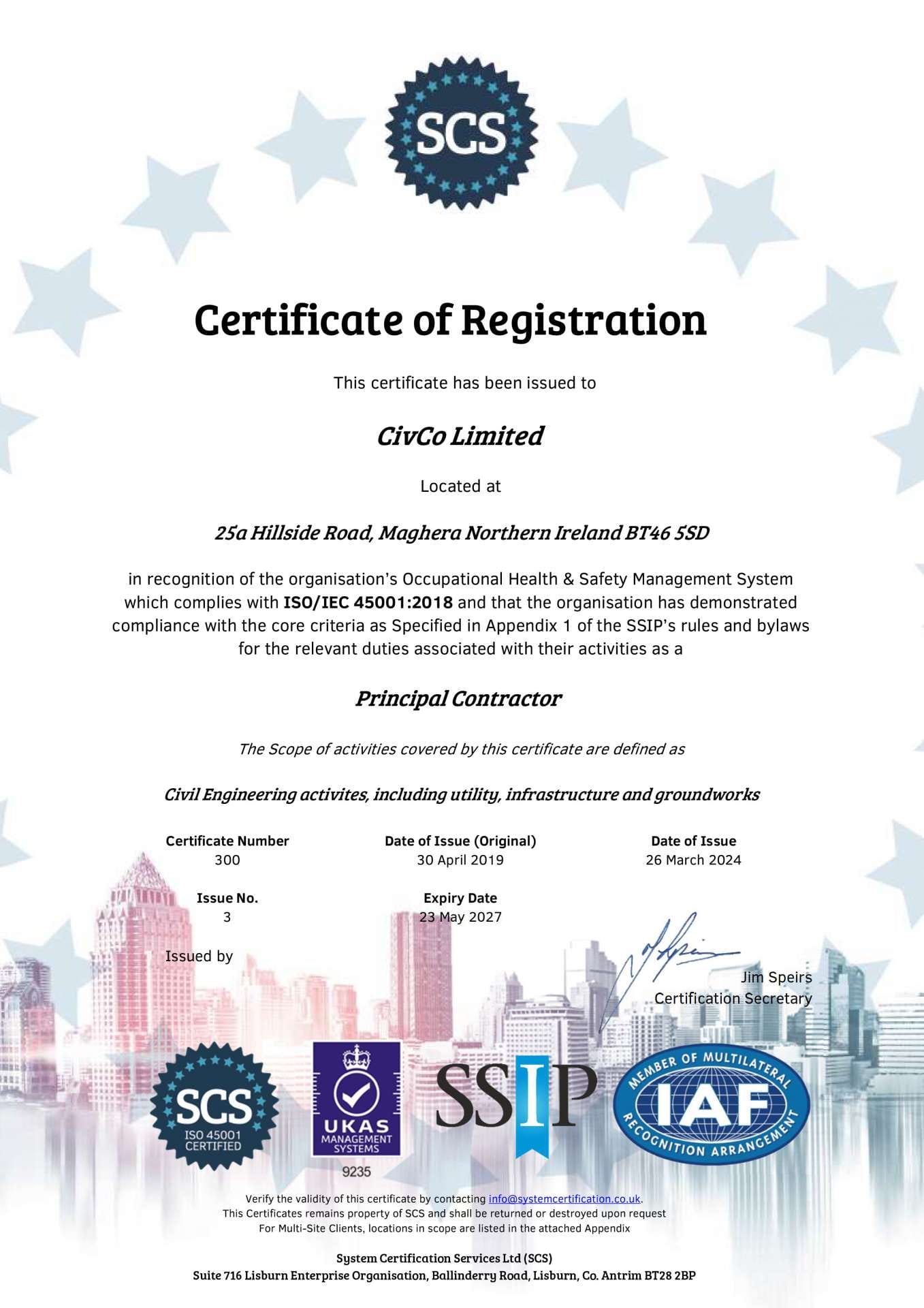 ISO45001 SSIP Certificate of Registration 300 CivCo 26.03.24