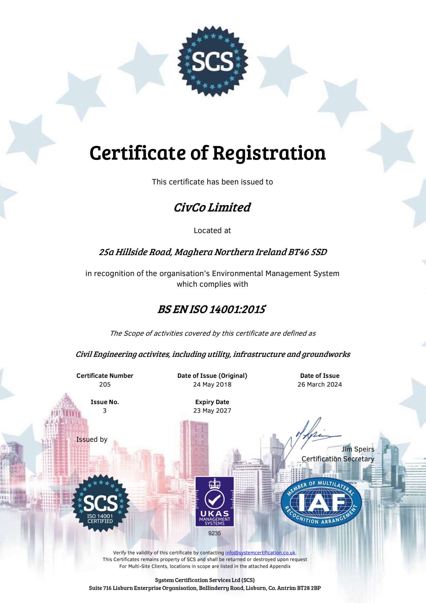 ISO14001 Certificate of Registration 205 CivCo 26.03.24